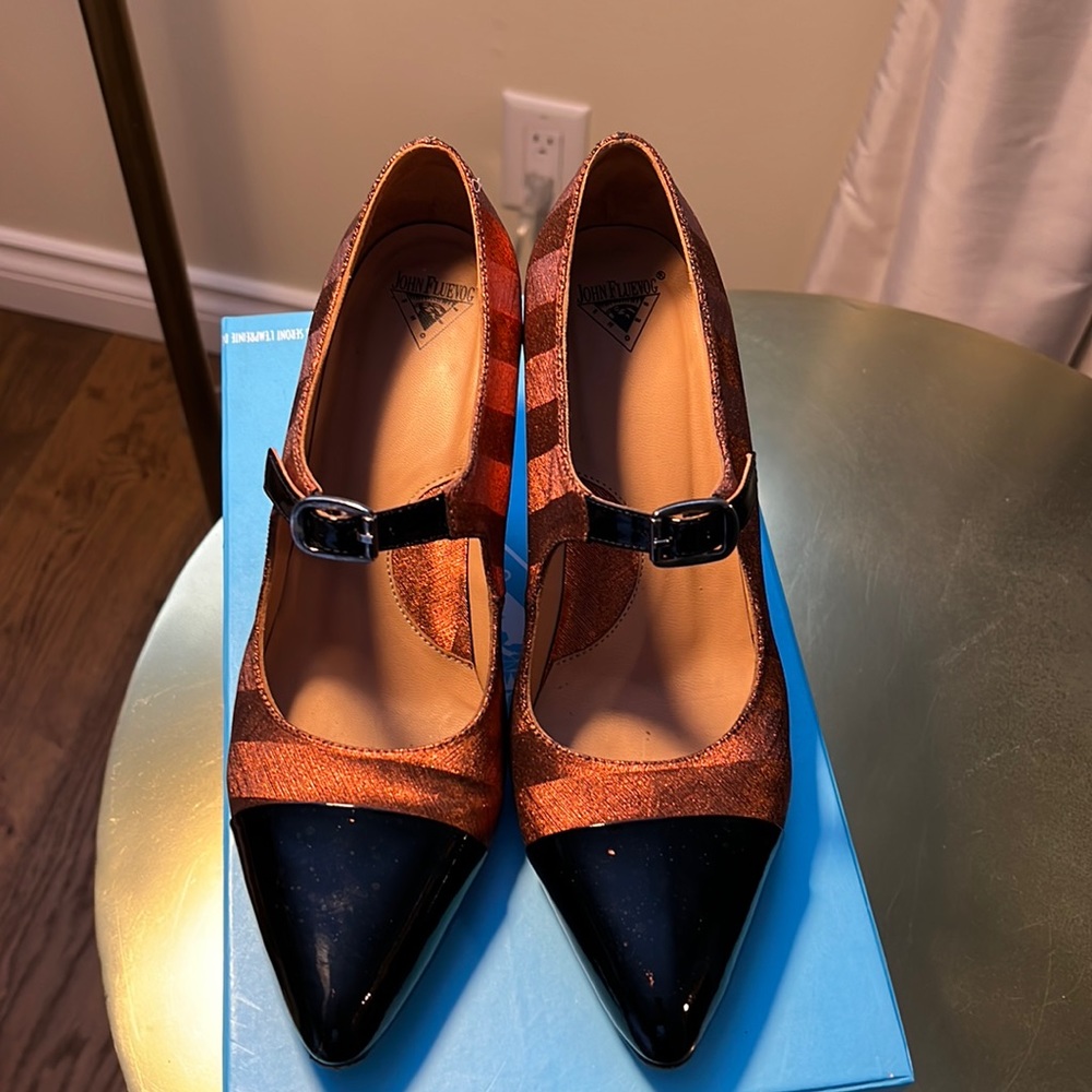 John Fluevog metallic stripe pumps